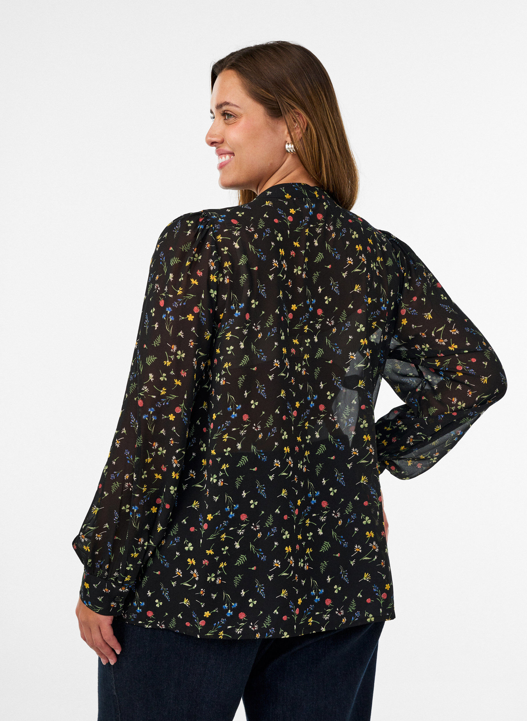 ZizziBlouse avec imprim&eacute; int&eacute;gral et patte de boutonnage courte, Noir, Model image number 2