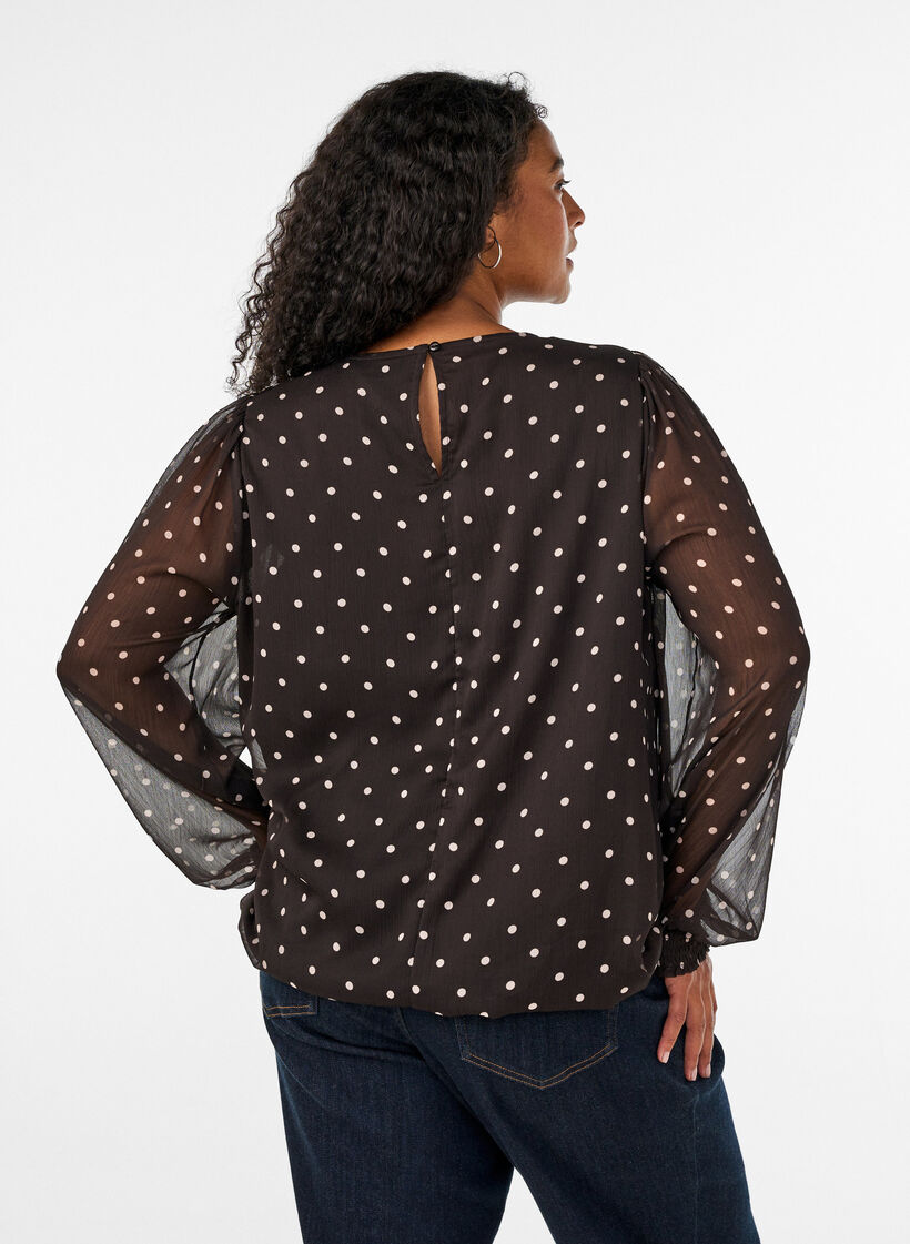 Blouse en mousseline &agrave; pois avec manches transparentes, Marron, Model image number 2
