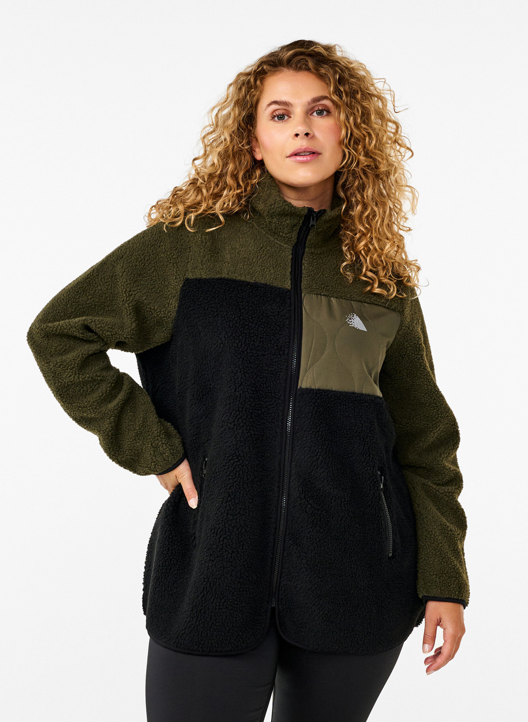 Zizzi Teddyjacke mit Farbblock, Forest Night comb., Model image number 0