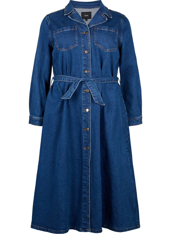 Robe chemise midi en denim avec ceinture, Dark Blue Denim, Packshot image number 0