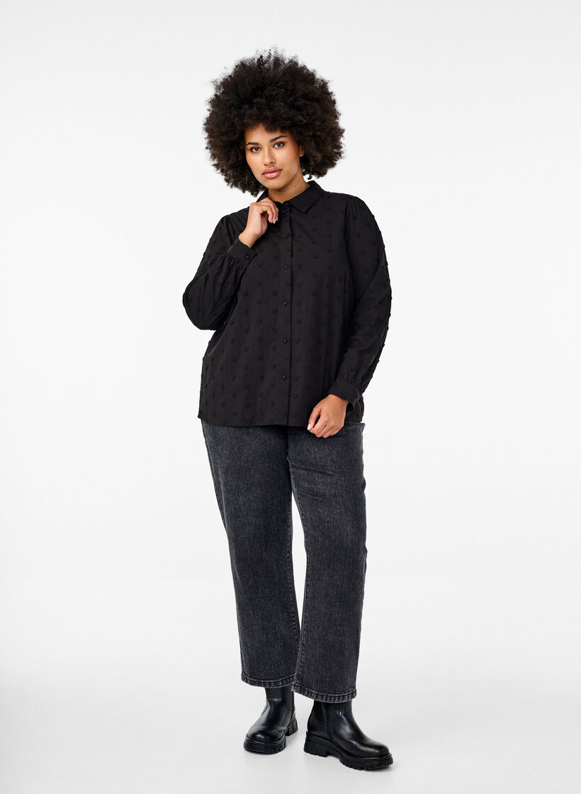 Bluse mit Stehkragen und aufgenähten Herzen, Schwarz, Model image number 1