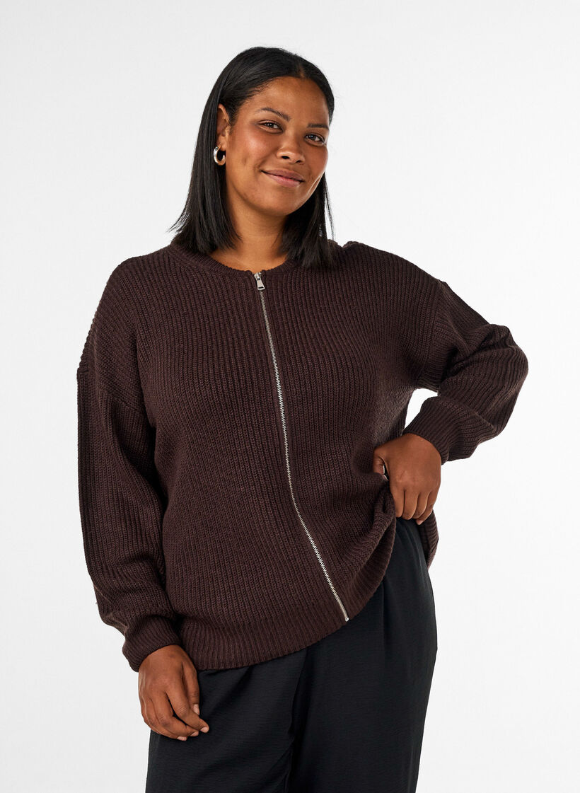 Cardigan en maille avec zip, Marron, Model image number 0