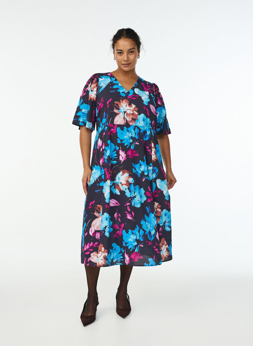Robe midi à imprimé floral et taille empire, Noir, Model image number 0