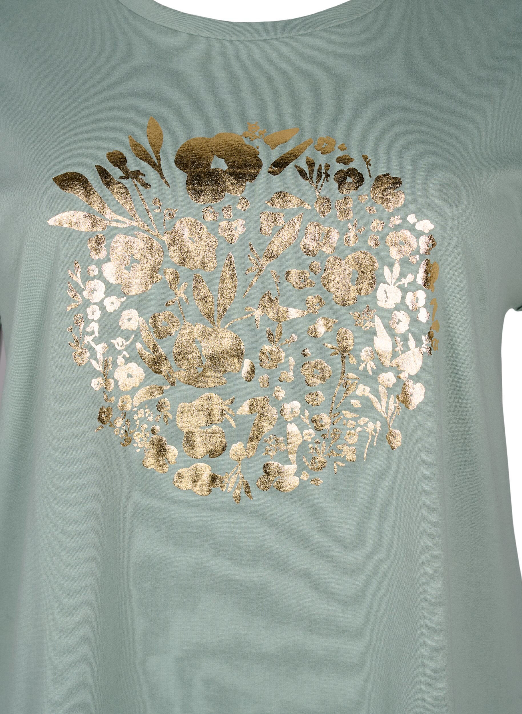 Zizzi T-Shirt aus Bio-Baumwolle mit Golddruck, Ch.Green Gold Flower, Packshot image number 2