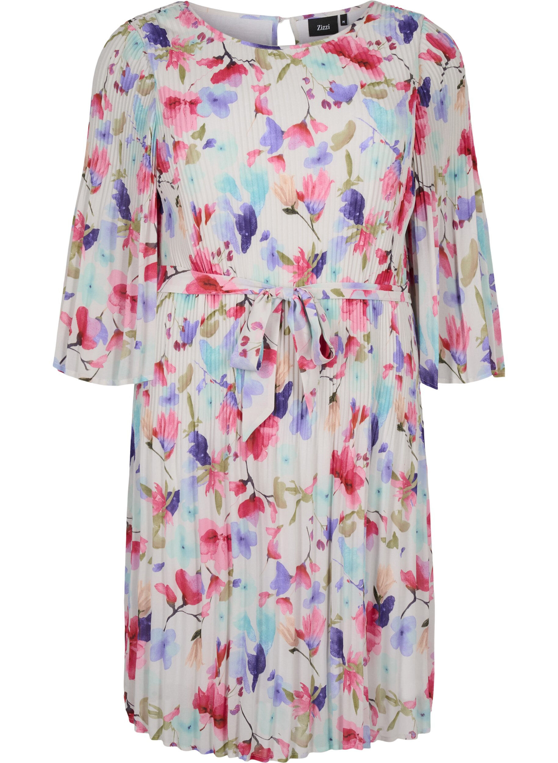 Zizzi Robe pliss&eacute;e imprim&eacute;e avec lien &agrave; nouer, White/MultiFlowerAOP, Packshot image number 0