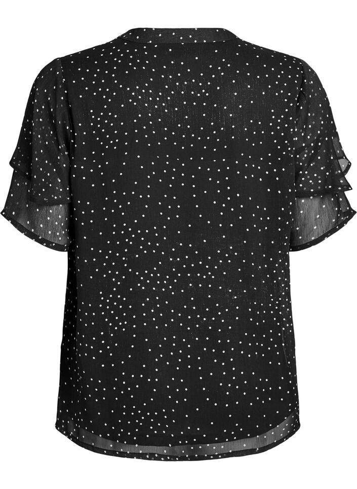 Blouse en mousseline &agrave; pois avec manches &agrave; volants, Noir, Packshot image number 1