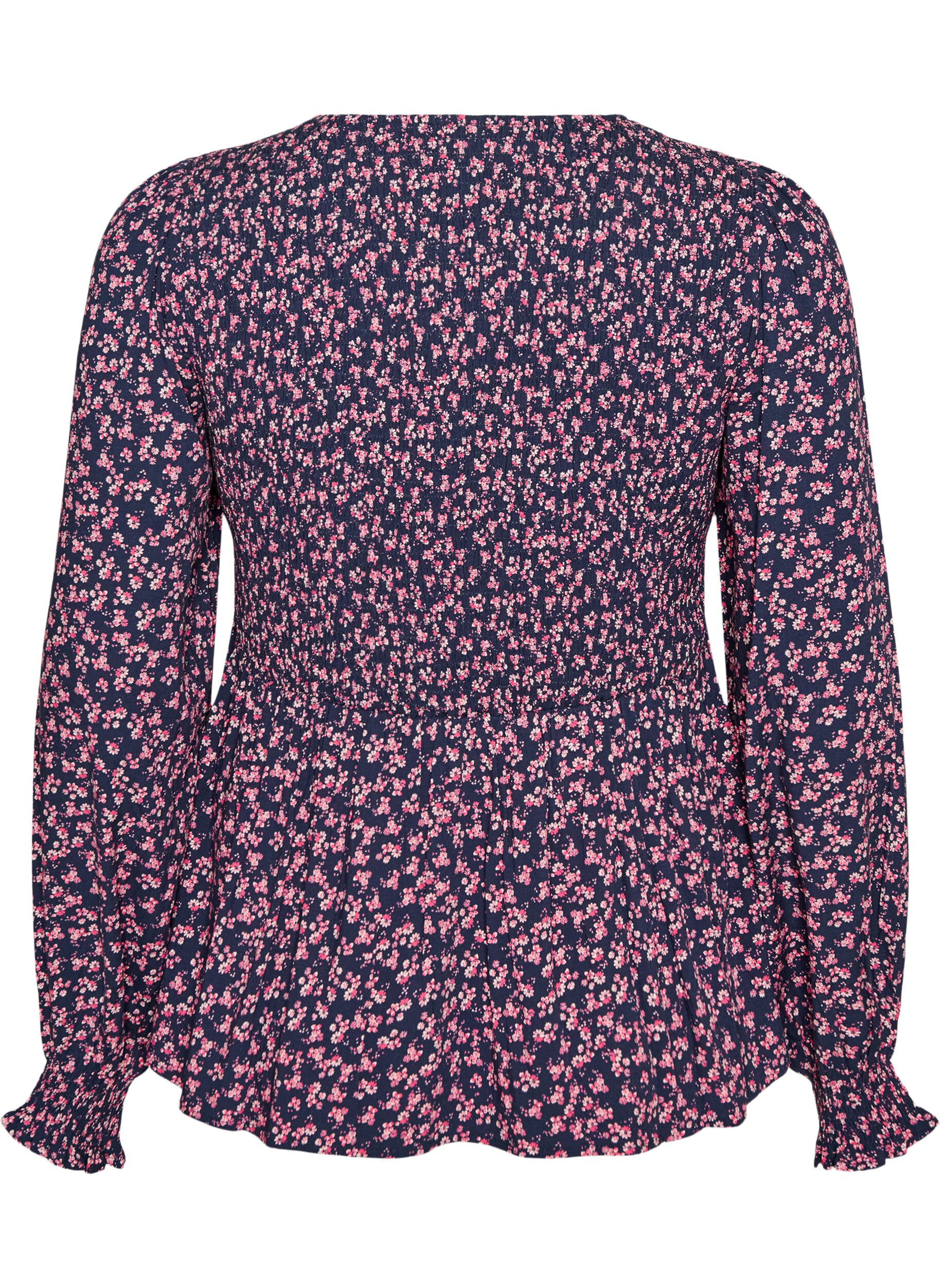 ZizziBluse mit gesmoktem Oberteil und gebl&uuml;mtem Print, Blau, Packshot image number 1