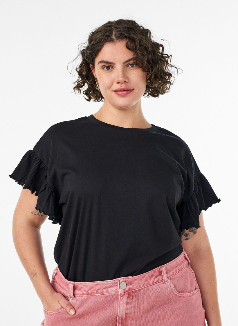 T-Shirt aus Bio-Baumwolle mit R&uuml;schen&auml;rmeln, Schwarz, Model image number 0