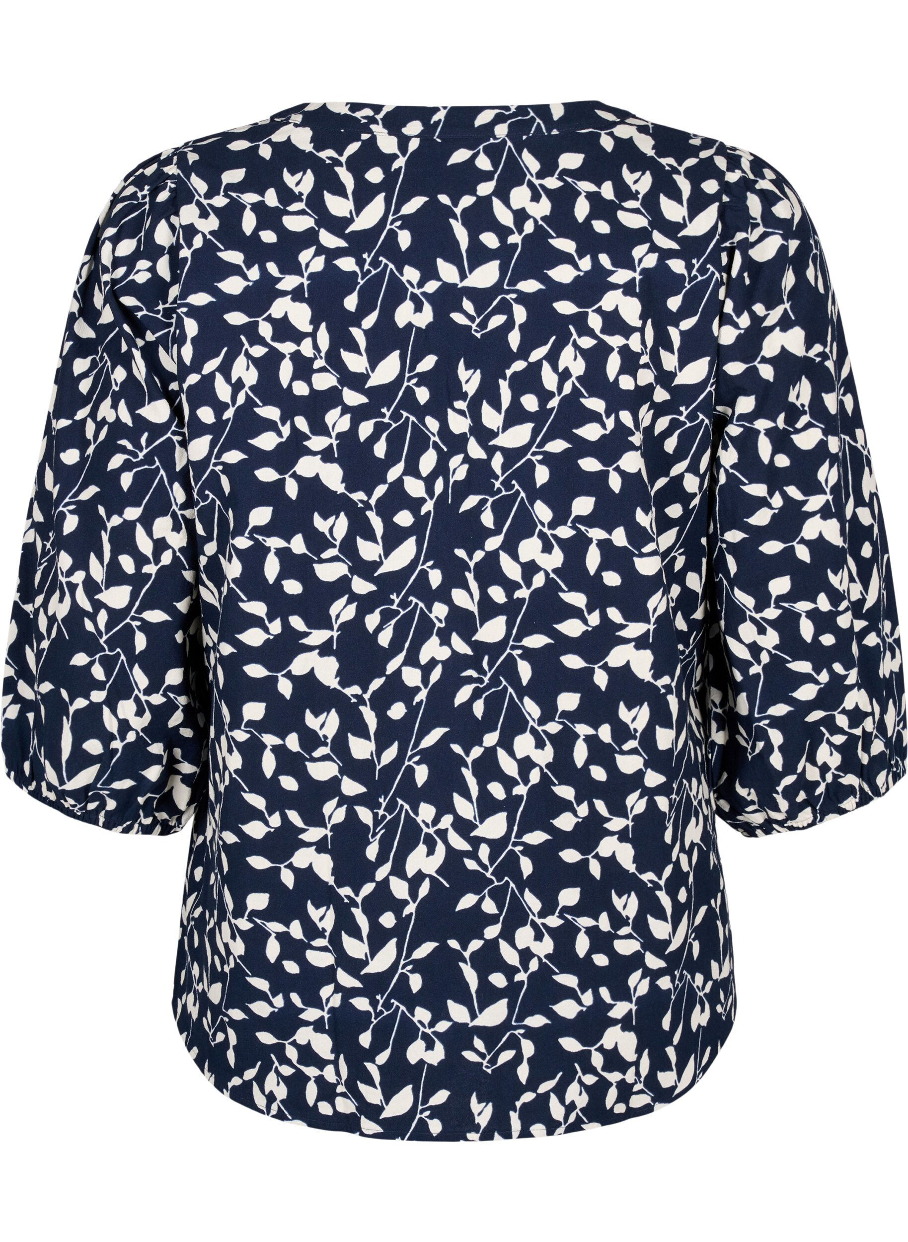 Zizzi Chemisier en coton &agrave; manches 3/4 avec imprim&eacute;, Navy Blazer Leaf, Packshot image number 1