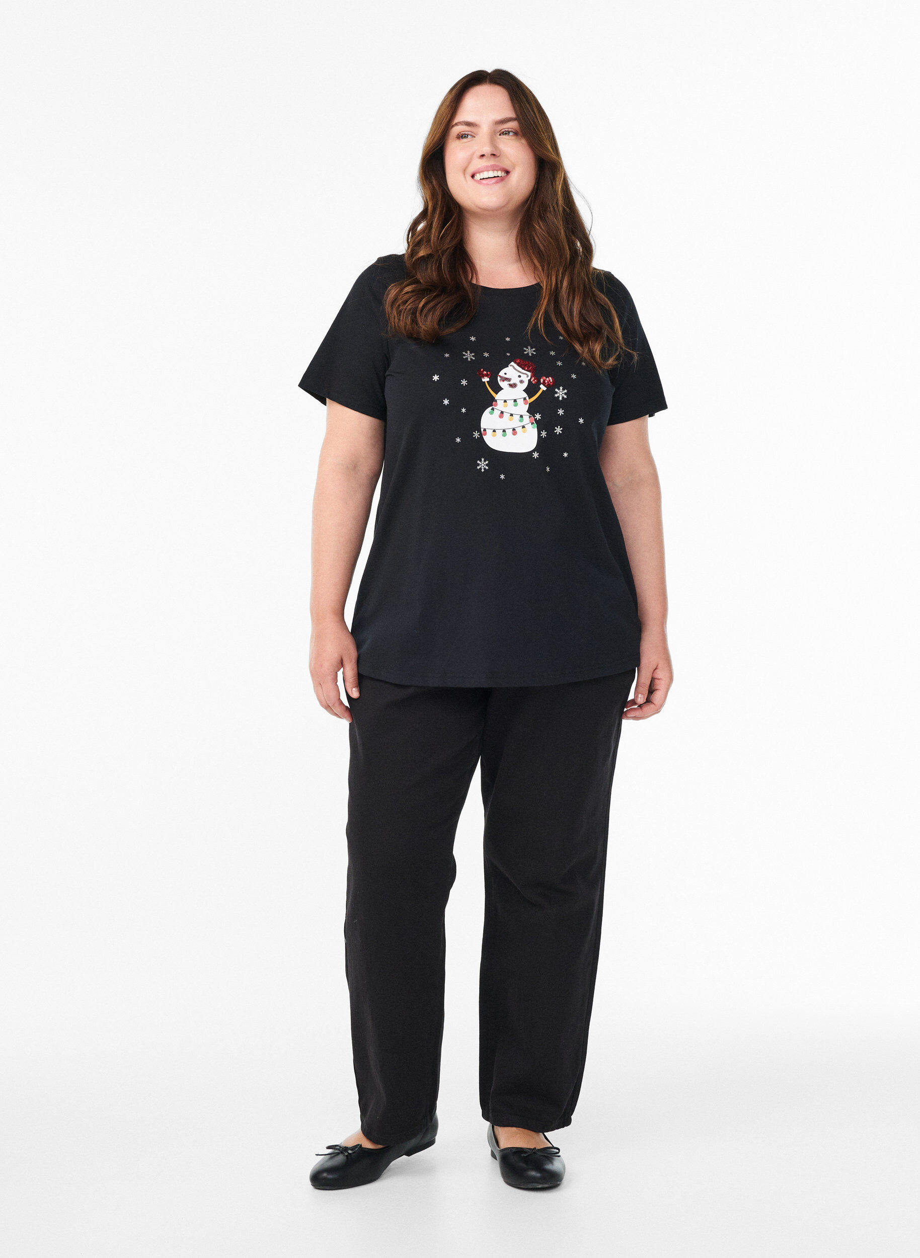 Zizzi T-shirt de No&euml;l en coton bio, Noir, Model image number 1