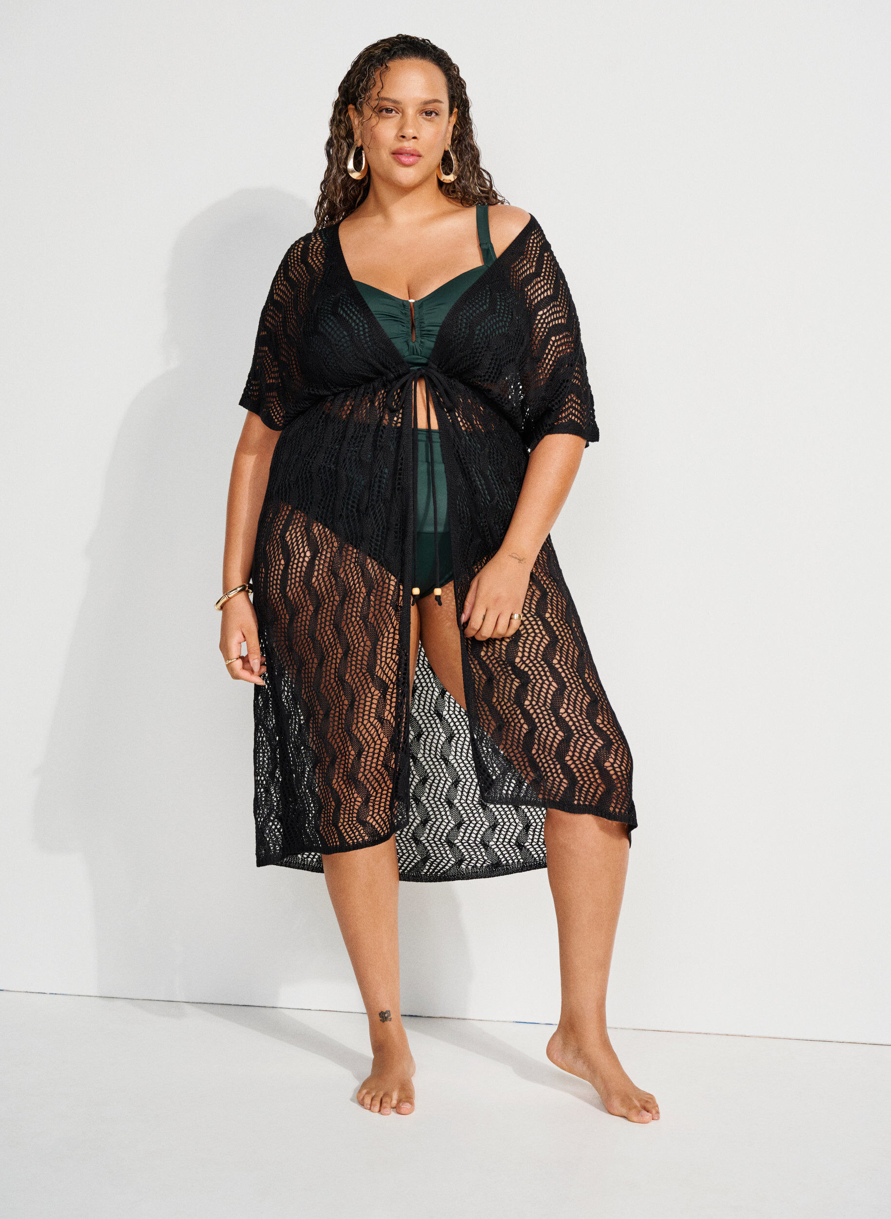 Zizzi Strandkimono mit Bindeg&uuml;rtel, Schwarz, Image image number 0