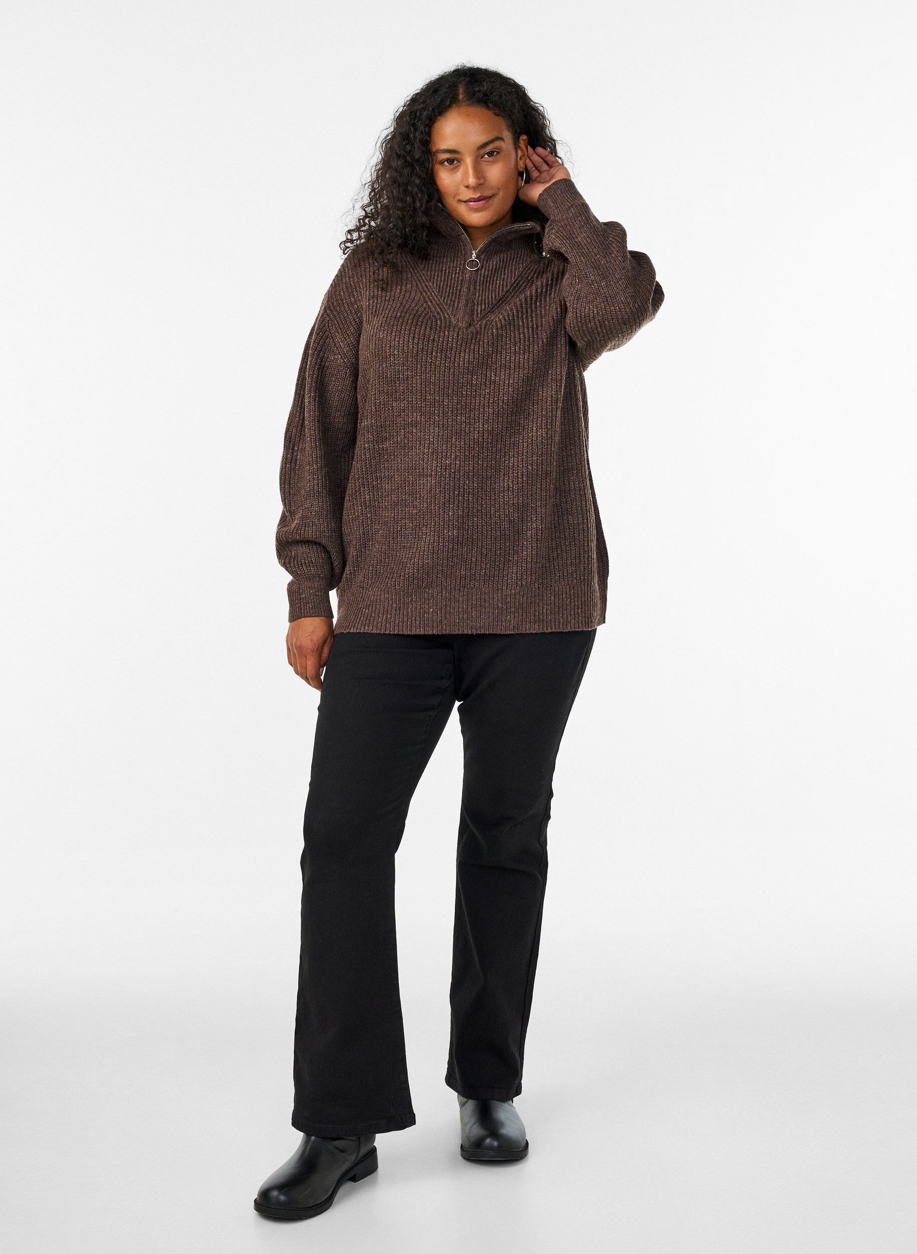 ZizziPull en tricot avec col haut et fermeture &eacute;clair, Marron, Model image number 1