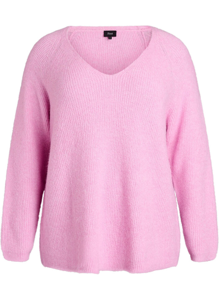 Strickbluse mit V-Ausschnitt und Raglanärmeln, Pink, Packshot image number 0
