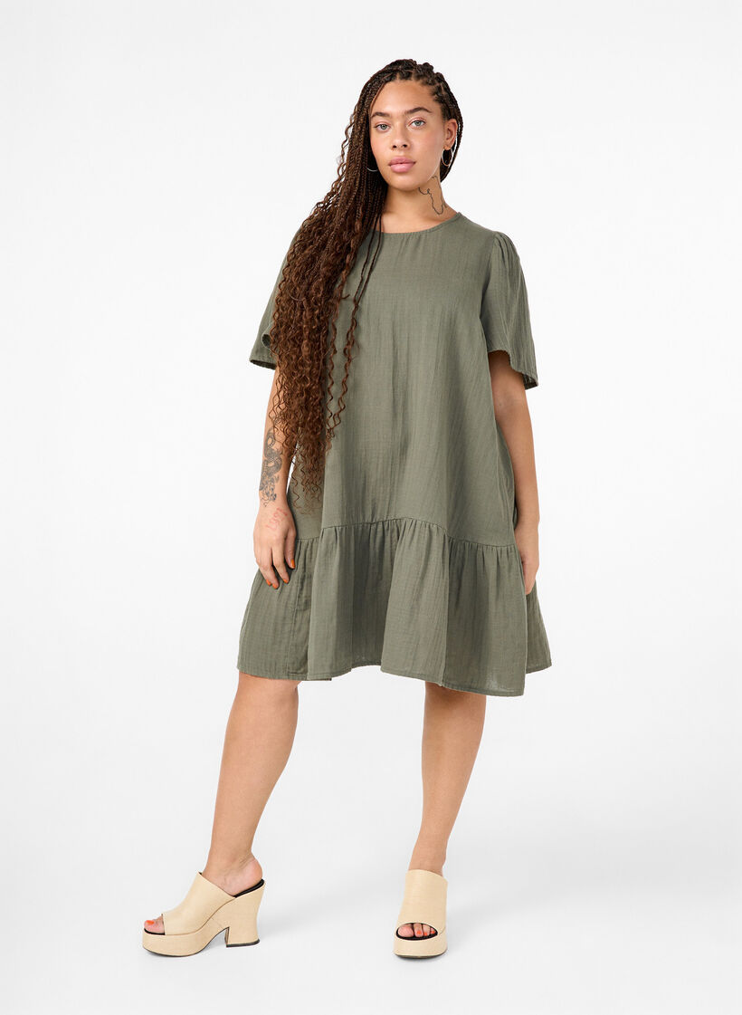 Kurz&auml;rmliges Kleid aus Baumwolle mit A-Linien-Schnitt, Gr&uuml;n, Model image number 1