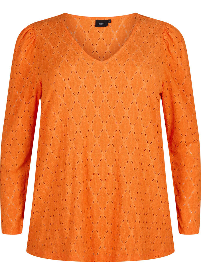 Bluse mit V-Ausschnitt und Lochmuster, Carrot, Packshot image number 0
