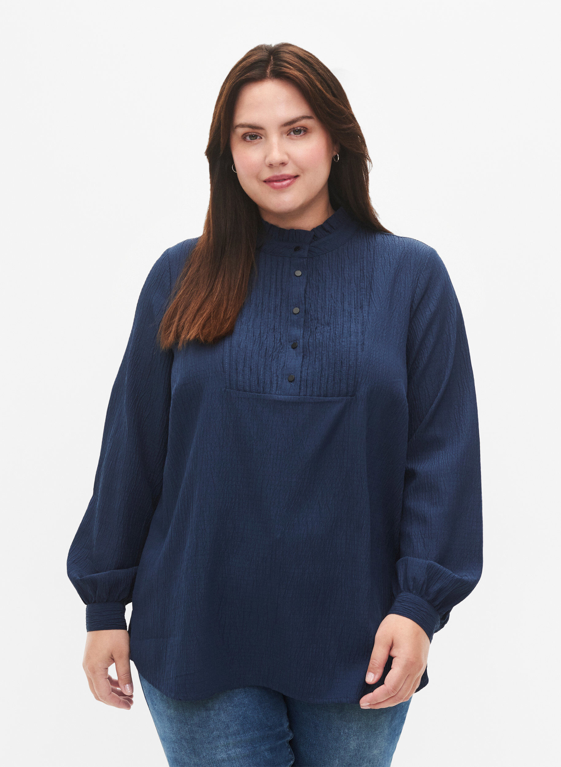 Zizzi Lang&auml;rmlige Bluse mit R&uuml;schenkragen, Dress Blues, Model image number 0
