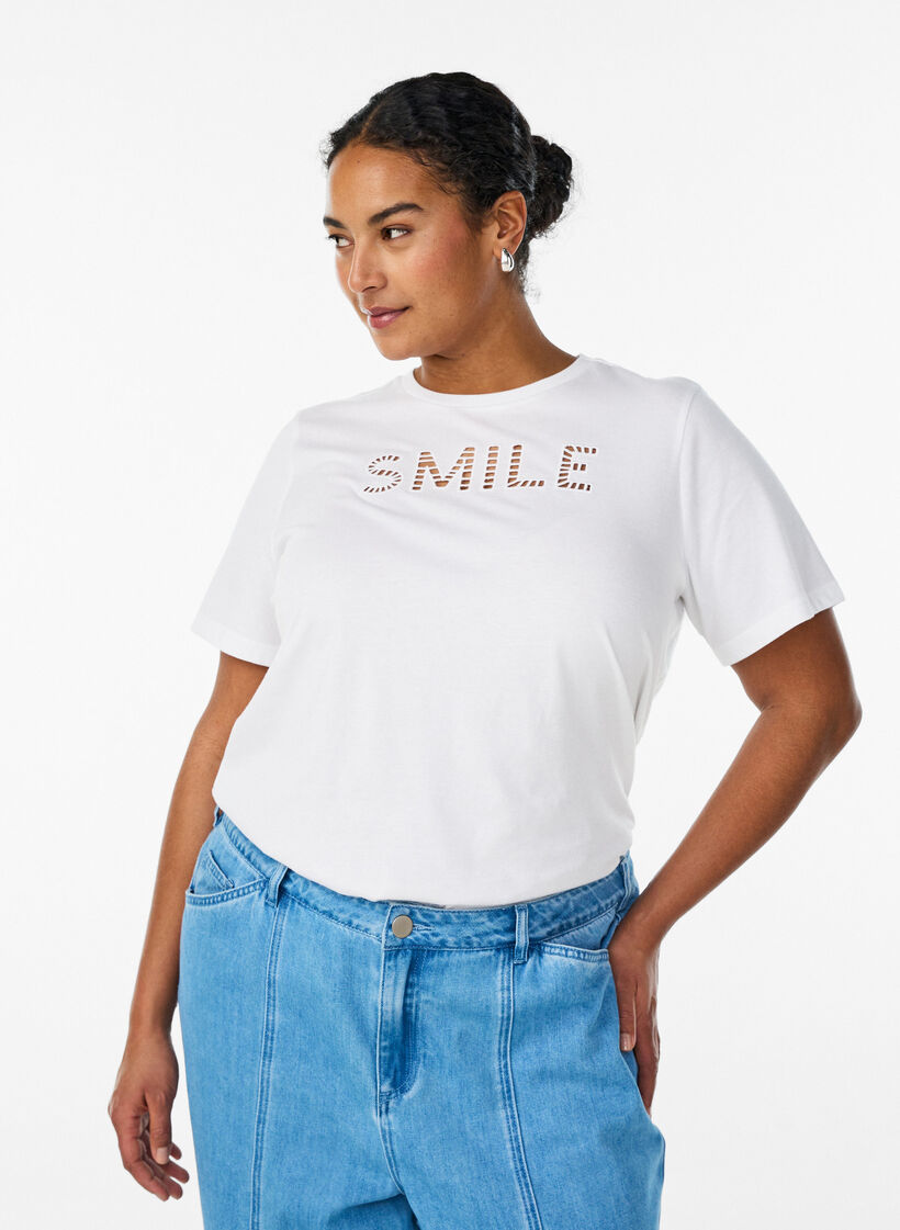 T-shirt en coton avec texte brod&eacute;, Blanc, Model image number 0