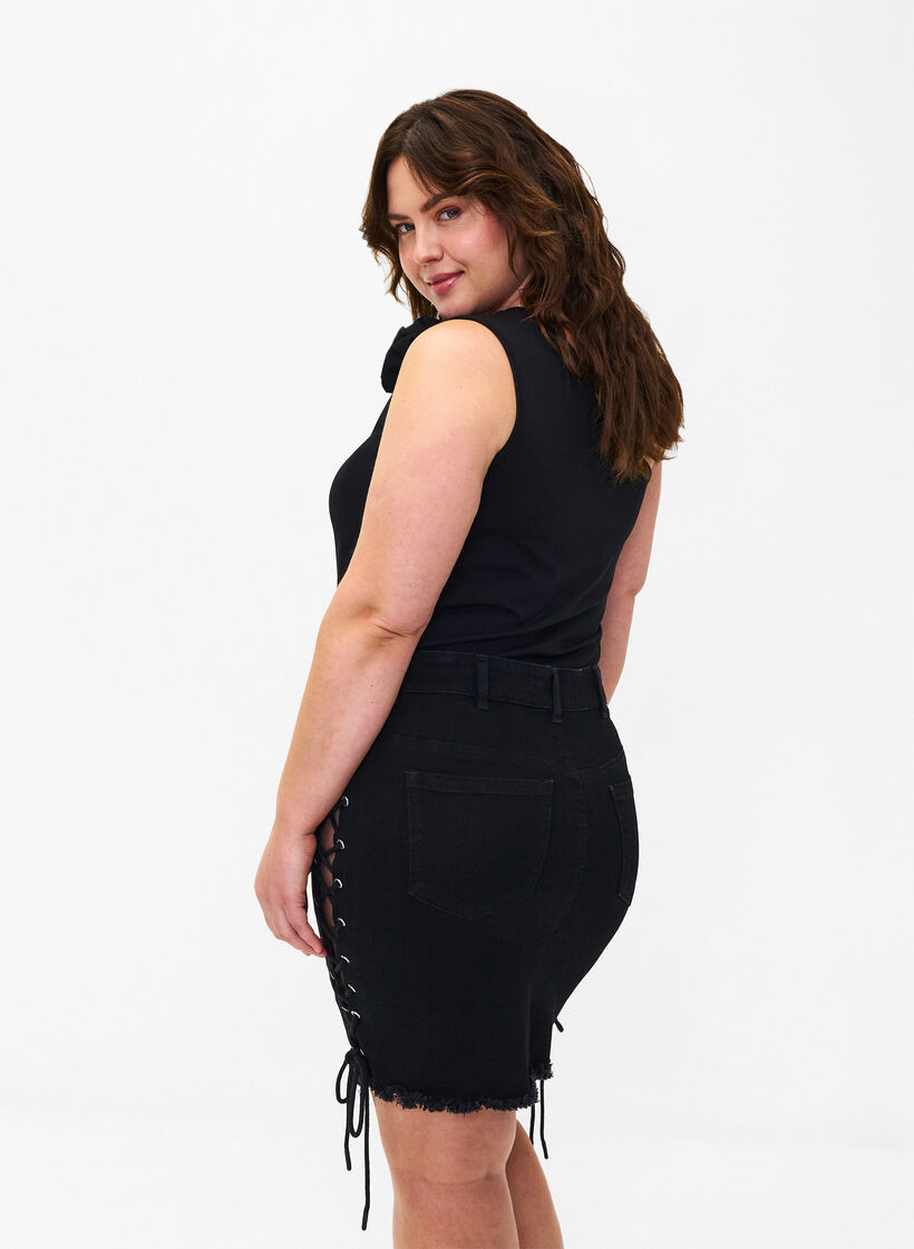 Jupe courte en jean à lacets, Black, Model image number 1
