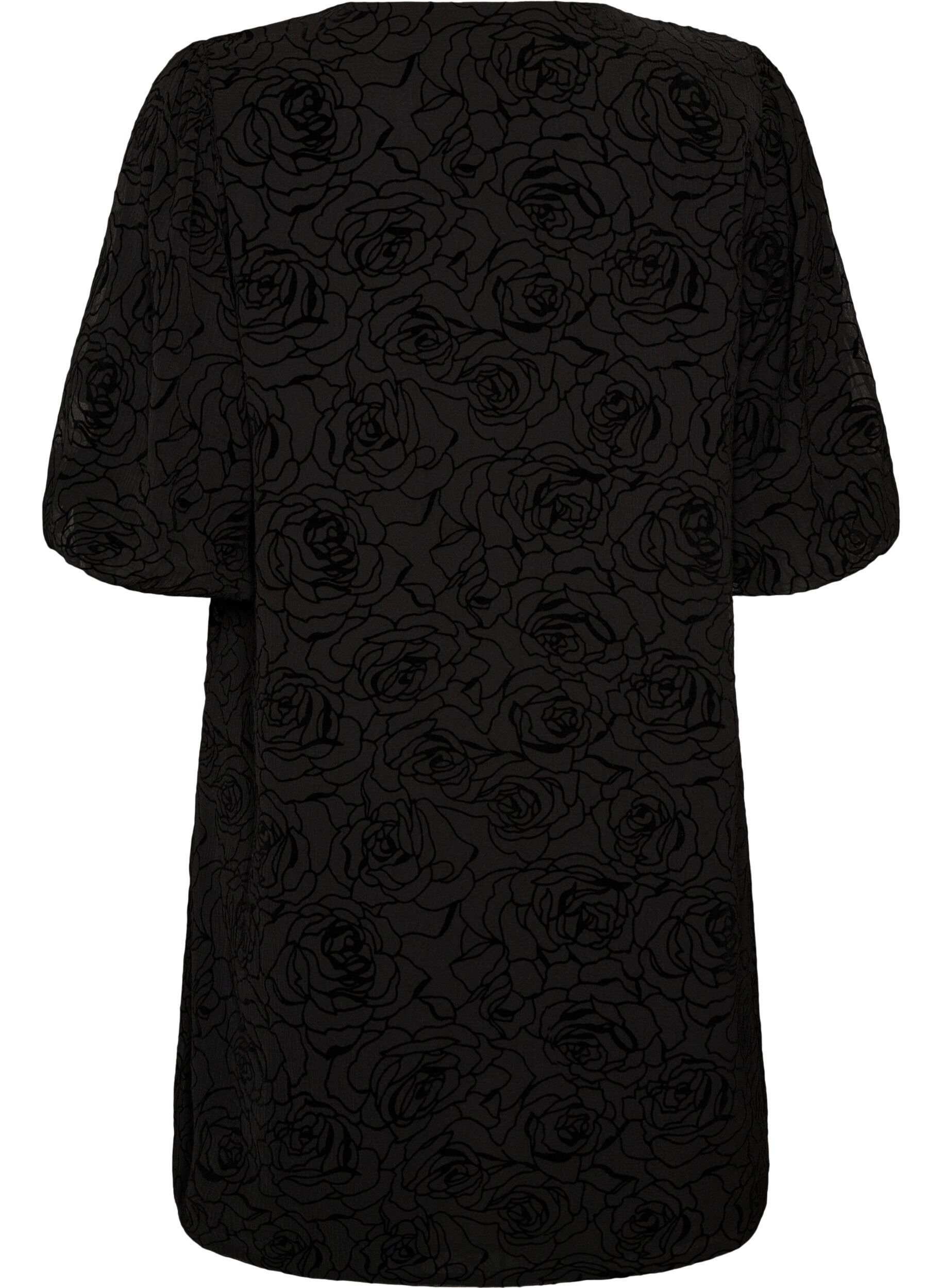 ZizziRobe courte avec imprim&eacute; roses et boutons, Noir, Packshot image number 1