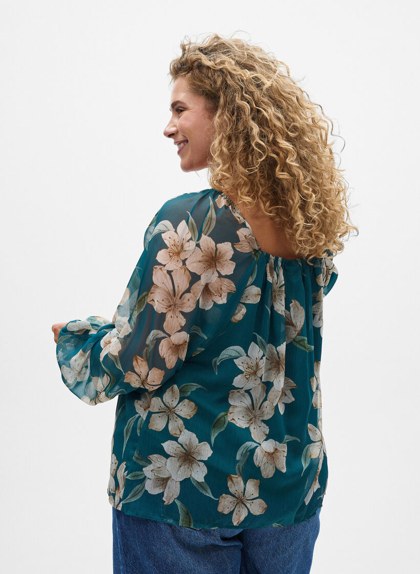 Bluse aus Chiffon mit gebl&uuml;mtem Print und langen &Auml;rmeln, Gr&uuml;n, Model image number 2