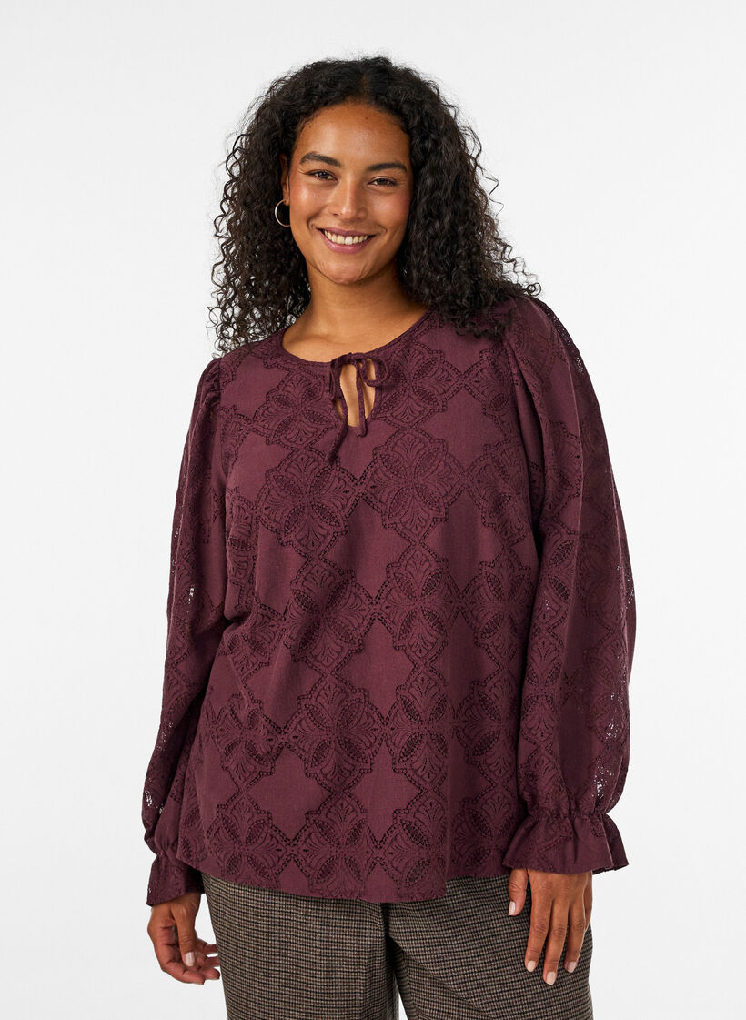 Blouse en dentelle &agrave; manches longues, Bordeaux fonc&eacute;, Model image number 0