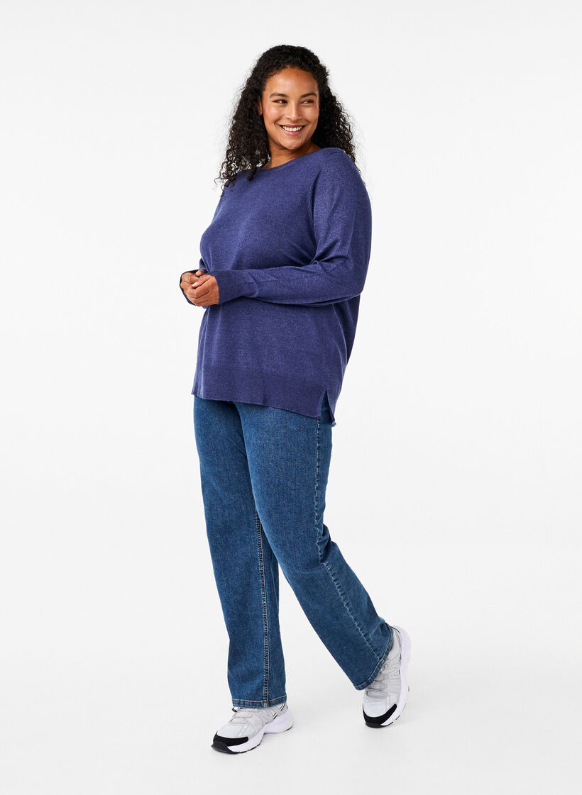 Chemisier à manches longues en maille avec fente, Bleu, Model image number 1