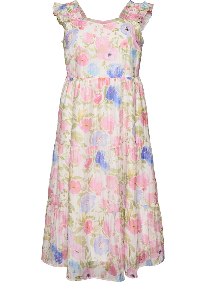 Robe longue fleurie en lyocell avec volants, Blanc, Packshot image number 0