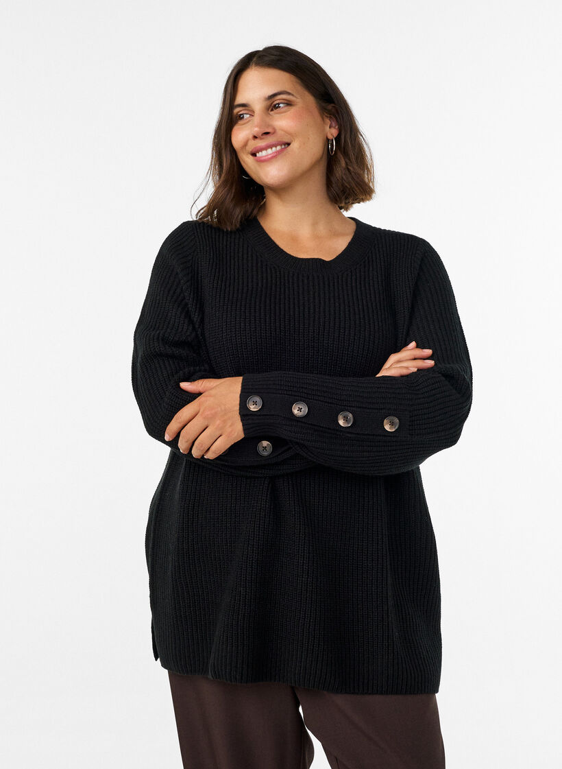 Strickbluse mit Rippstruktur und Knopfdetails, Schwarz, Model image number 0