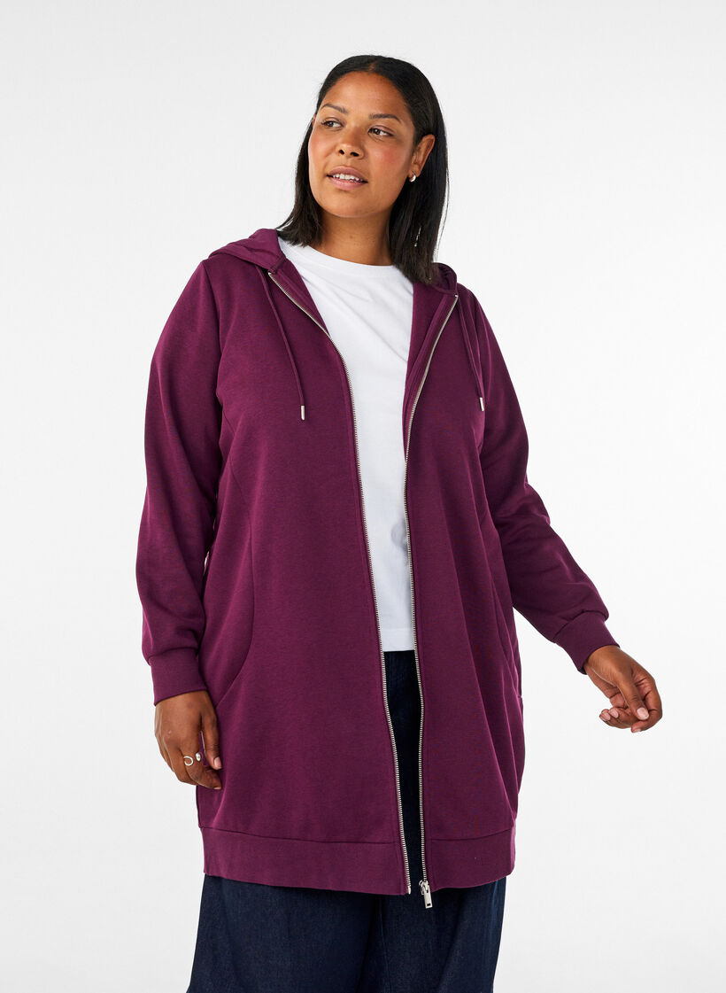 Sweat &agrave; capuche long avec zip et poches, Violet, Model image number 0