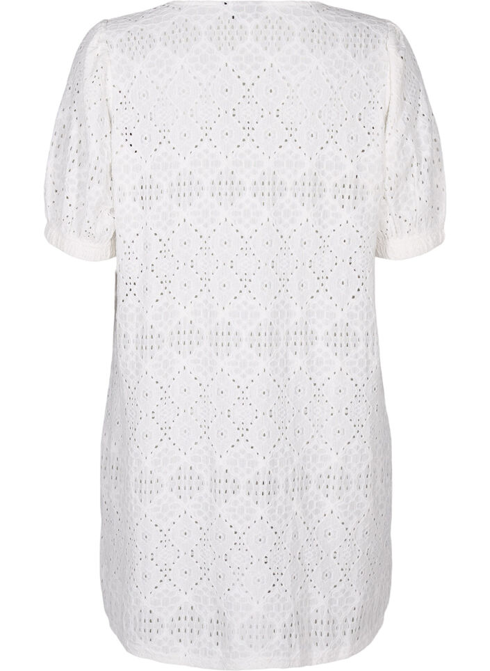 Robe courte avec col en V et motifs à trous, Bright White, Packshot image number 1