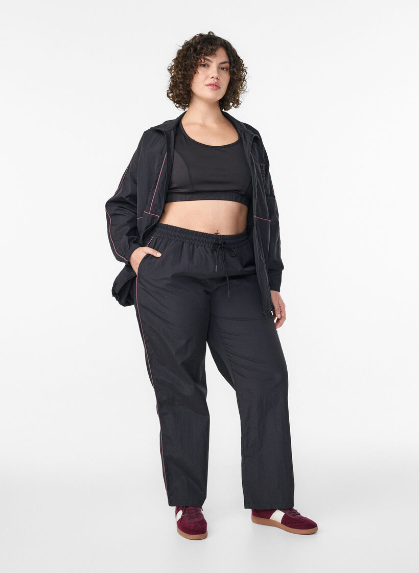 Leichte Hose mit Kontrastpaspeln und hoher Taille, Schwarz, Model image number 0