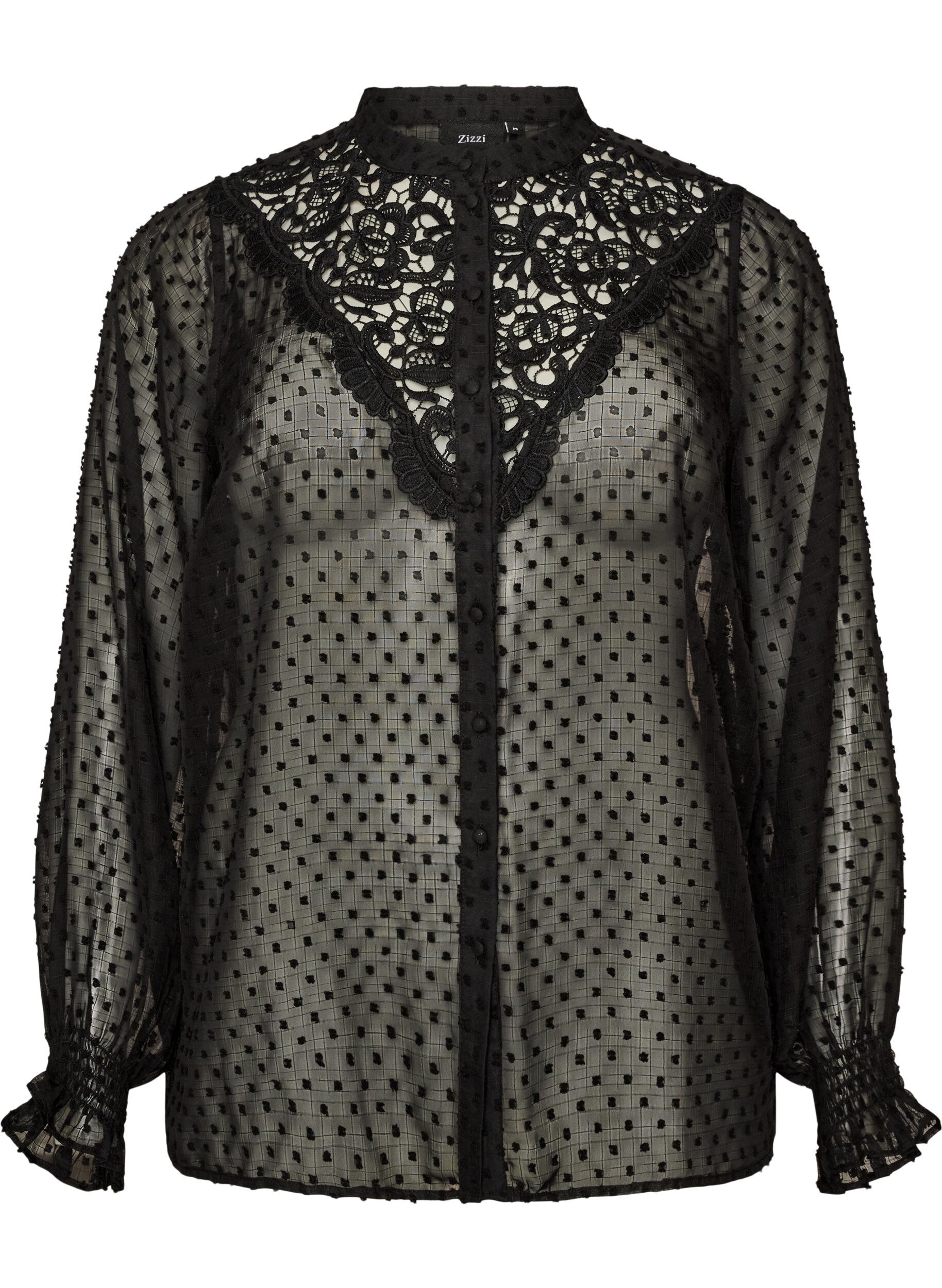 Hemdbluse mit Spitzeneinsatz und Punktemuster