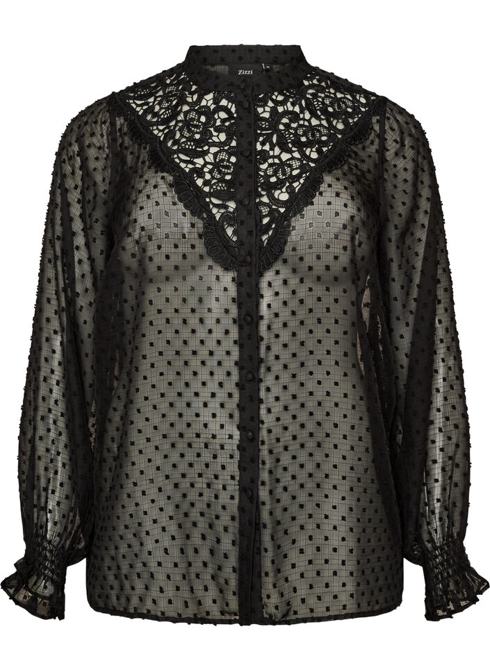 Hemdbluse mit Spitzeneinsatz und Punktemuster, Schwarz, Packshot image number 0