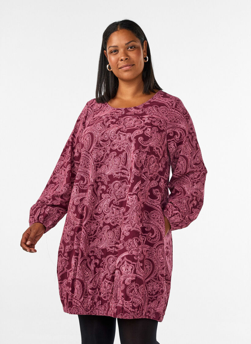 Robe courte en coton avec un ourlet &eacute;lastique et des manches longues, Bordeaux fonc&eacute;, Model image number 0