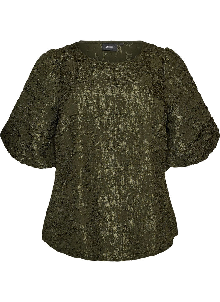 Jacquardbluse mit Puff&auml;rmeln und A-Linien-Form, Gr&uuml;n, Packshot image number 0