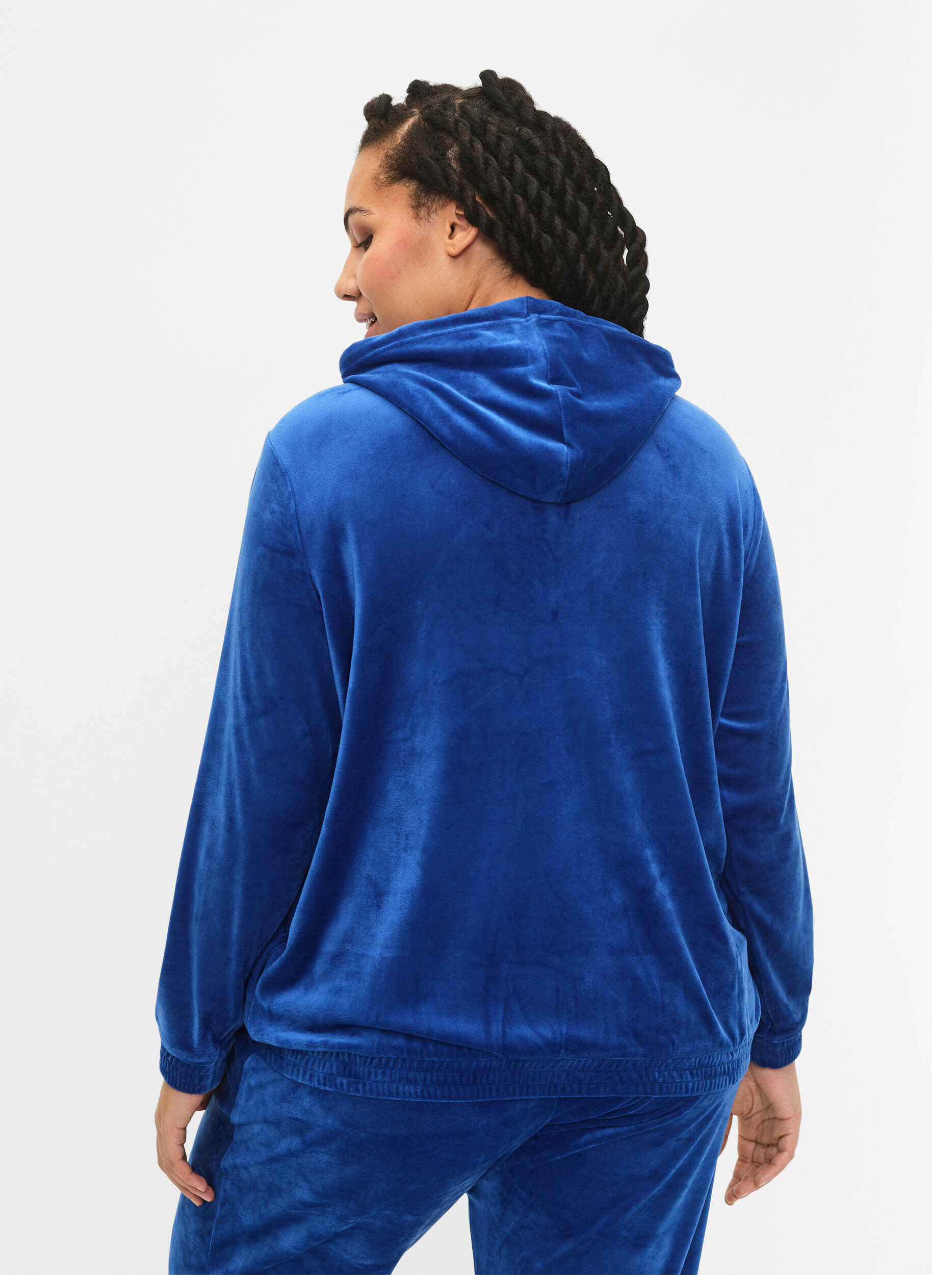Zizzi Cardigan aus Velours mit Rei&szlig;verschluss und Kapuze , Blau, Model image number 2