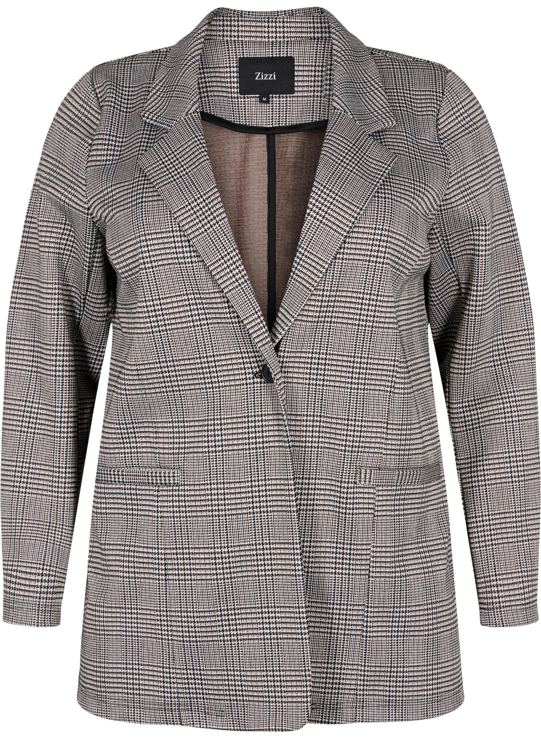 Zizzi Karierter Blazer mit Knopfverschluss, Beige Brown Check, Packshot image number 0