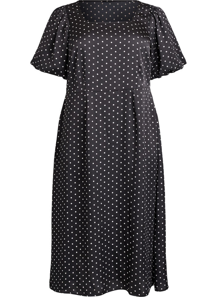 Gepunktetes Midikleid mit eckigem Ausschnitt, Schwarz, Packshot image number 0