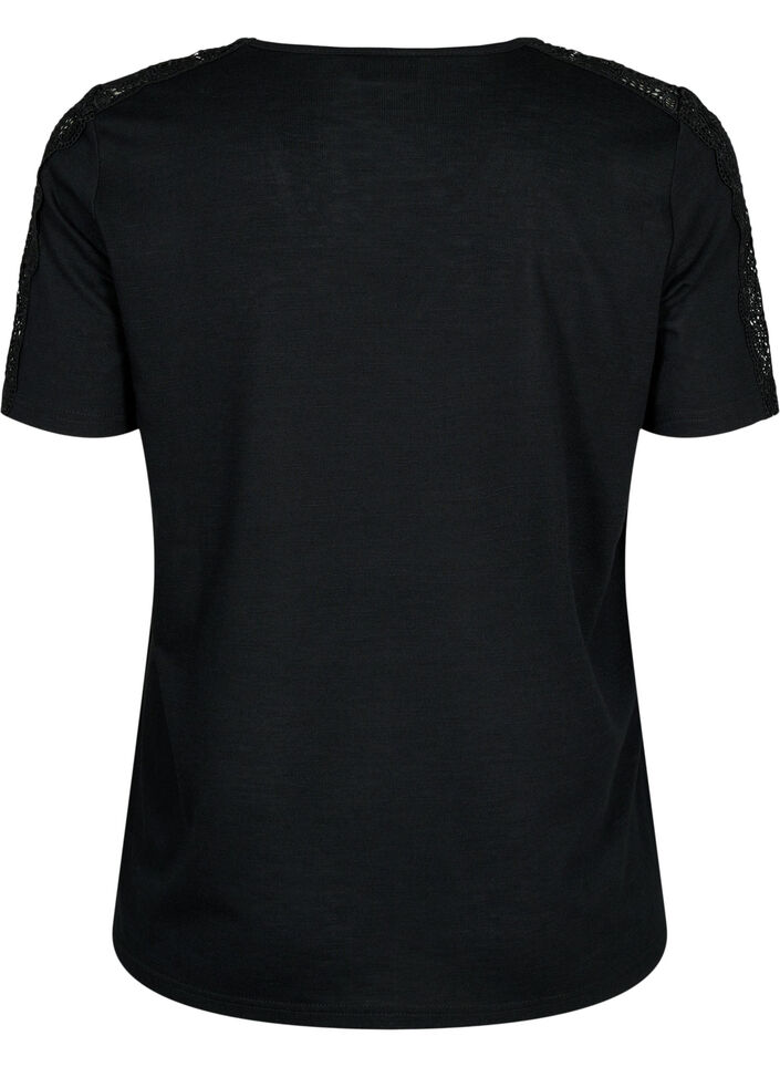 Blouse à manches courtes avec dentelle et col en V, Black, Packshot image number 1