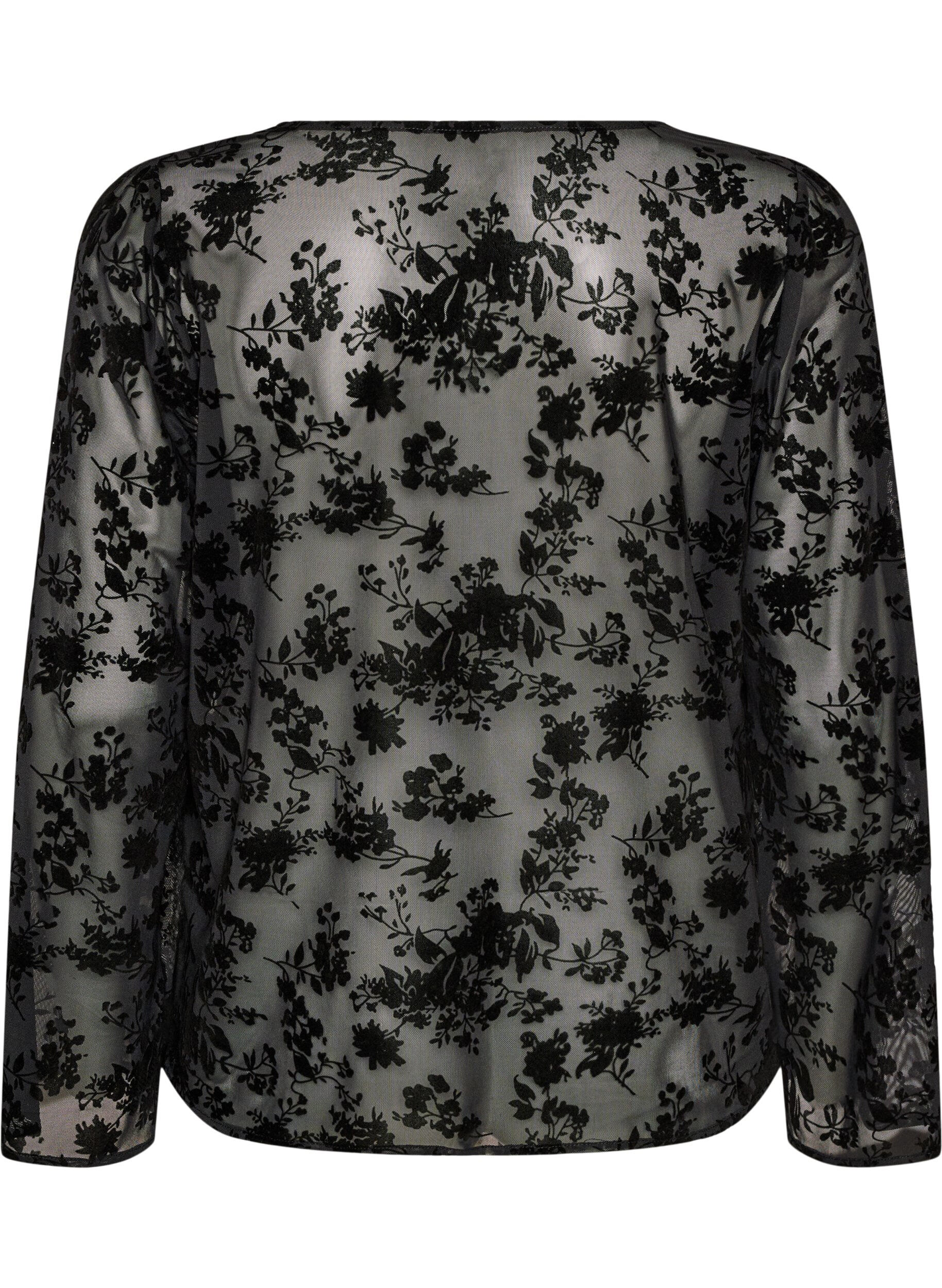 ZizziMeshbluse mit Blumenmuster und offener Front, Schwarz, Packshot image number 1