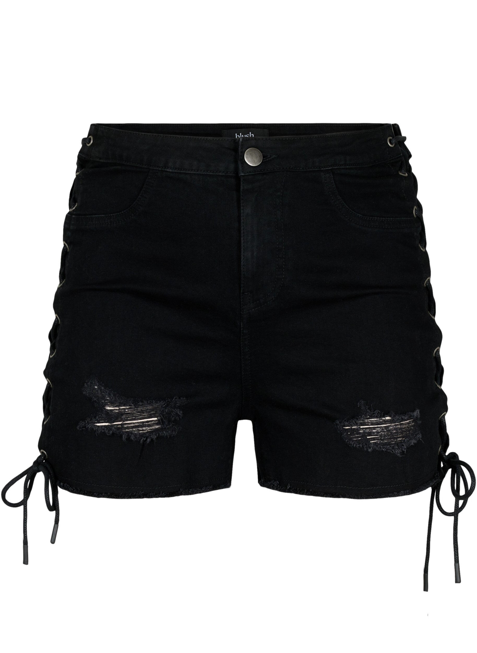 Zizzi Gerippte Jeansshorts mit Schn&uuml;ren, Black Denim, Packshot image number 0