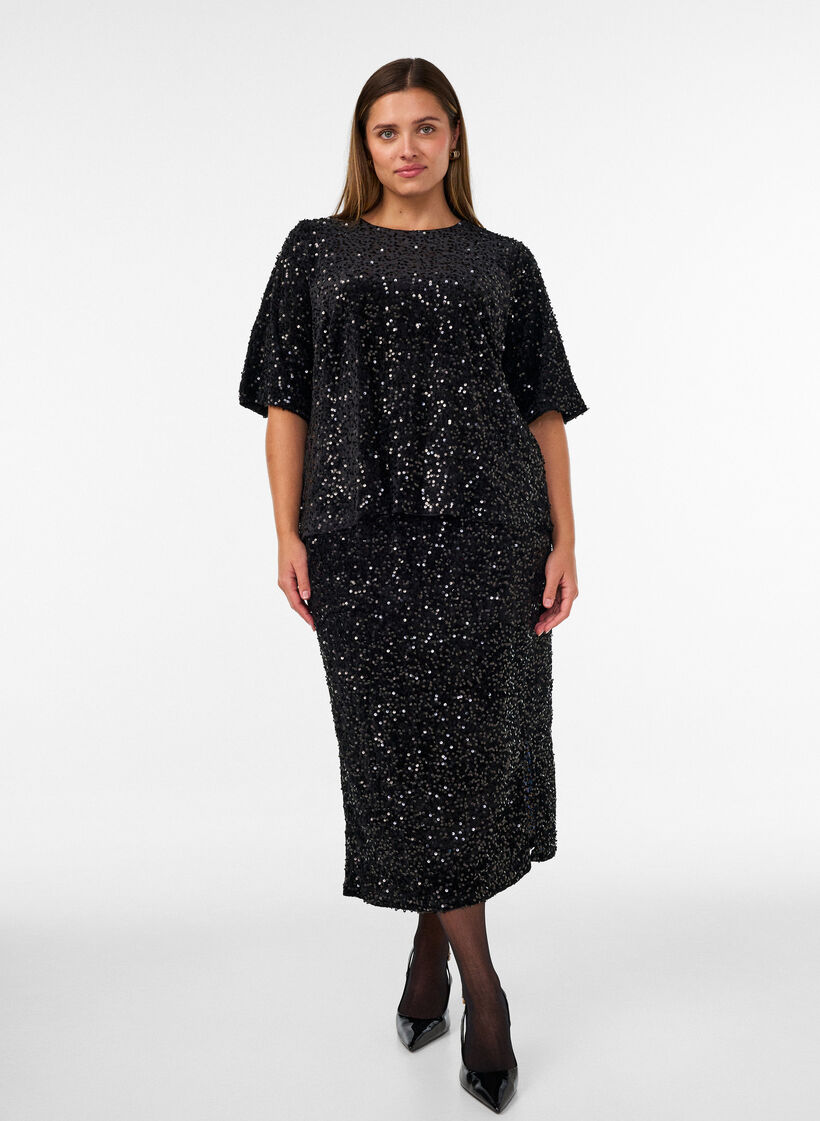 Jupe midi avec sequins et fentes, Noir, Model image number 0