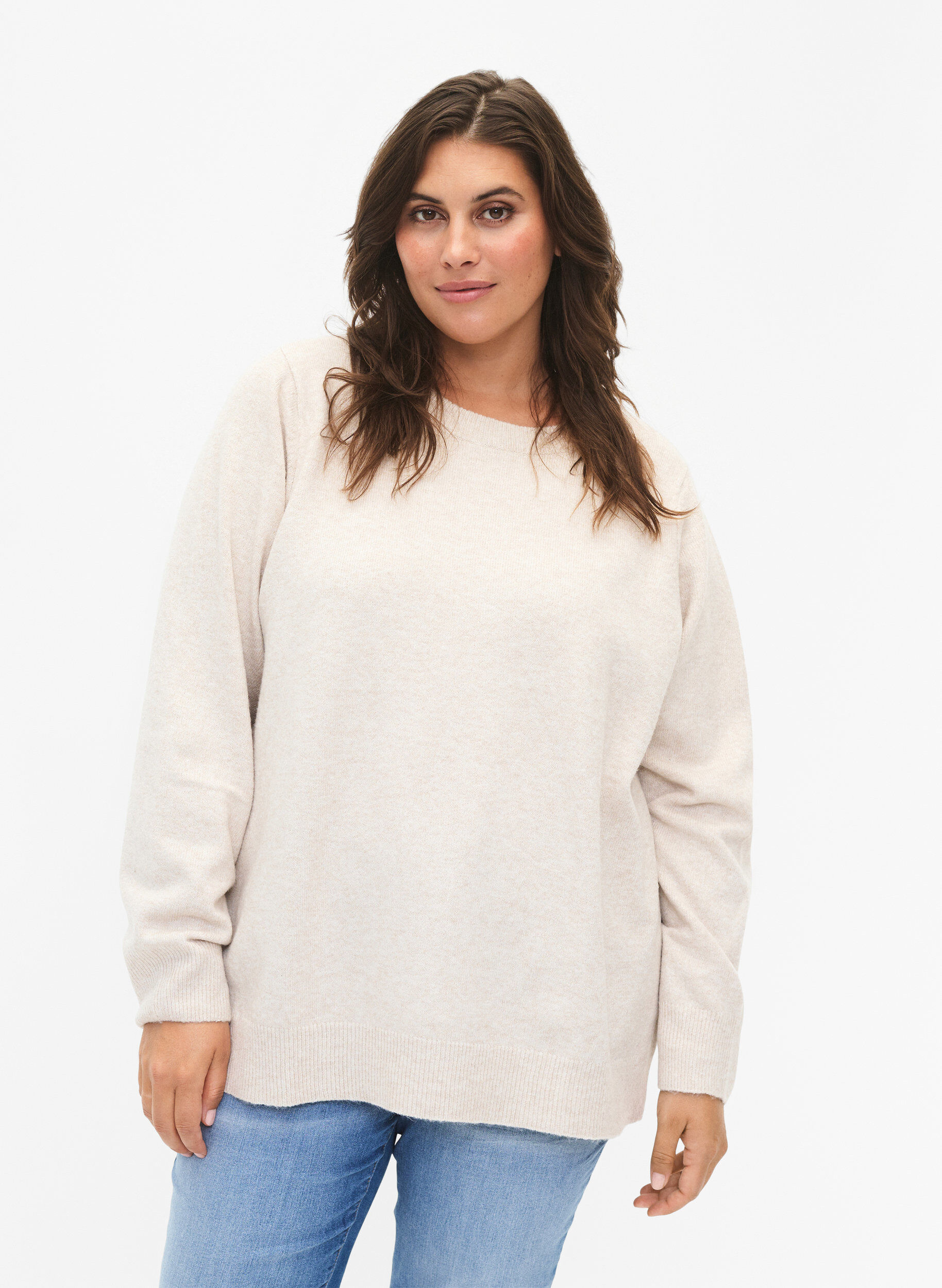 Zizzi Langarmpullover mit Rundhalsausschnitt	, Pumice Stone Mel., Model image number 0