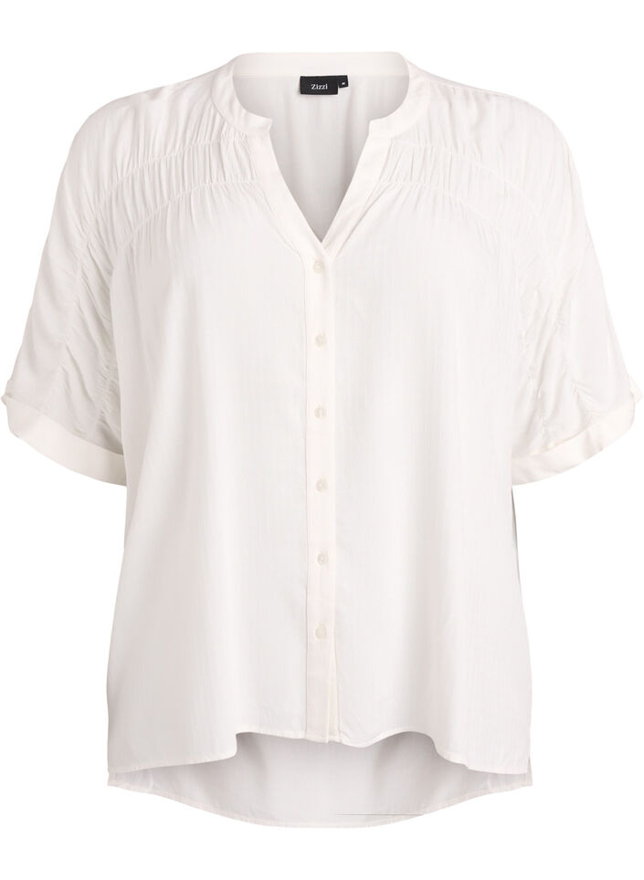 Chemise en viscose avec manches courtes et d&eacute;tail fronc&eacute;, Vanille, Packshot image number 0