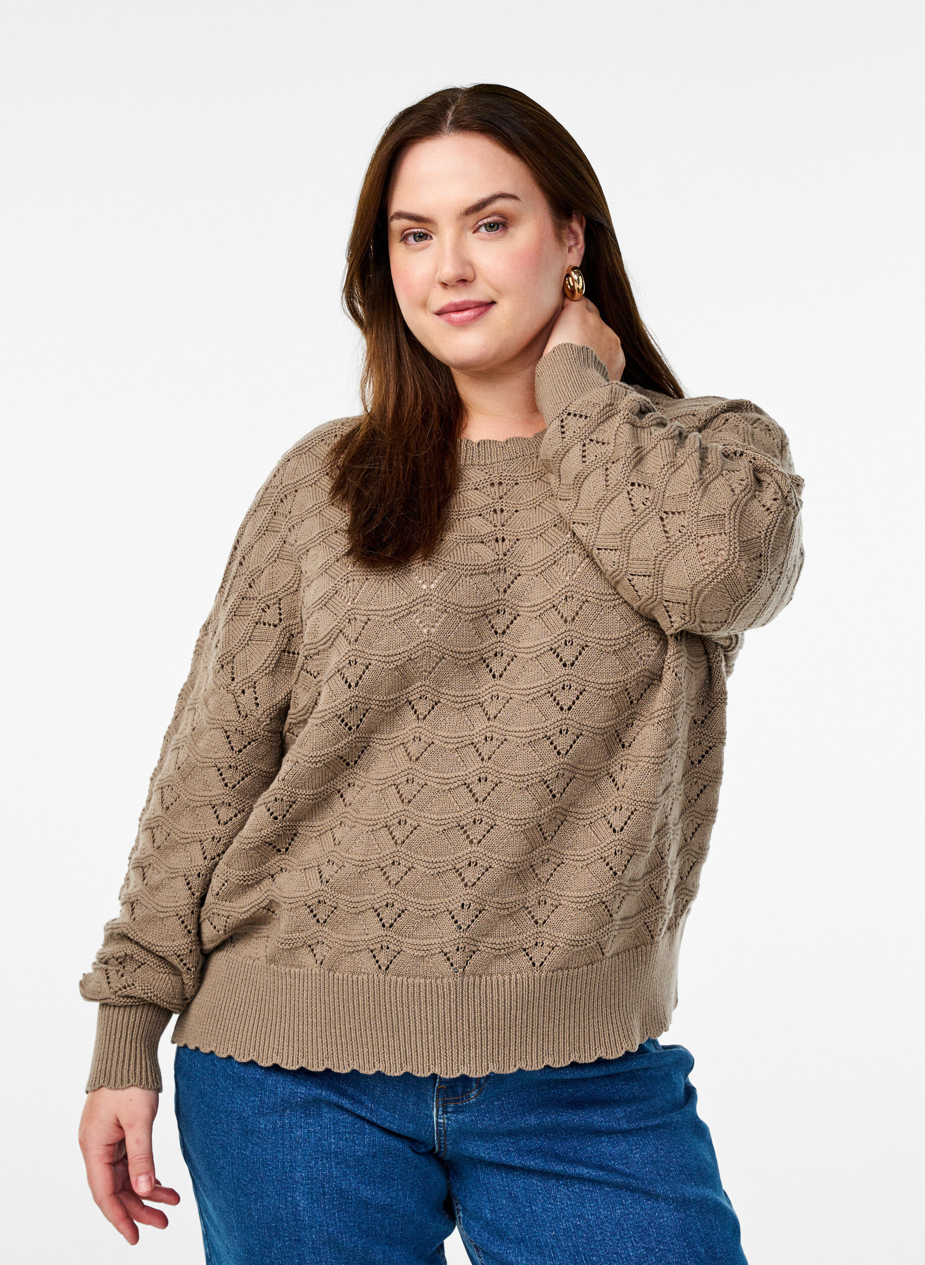Zizzi Strickbluse mit Lochmuster und langen &Auml;rmeln, Desert Taupe, Model image number 0