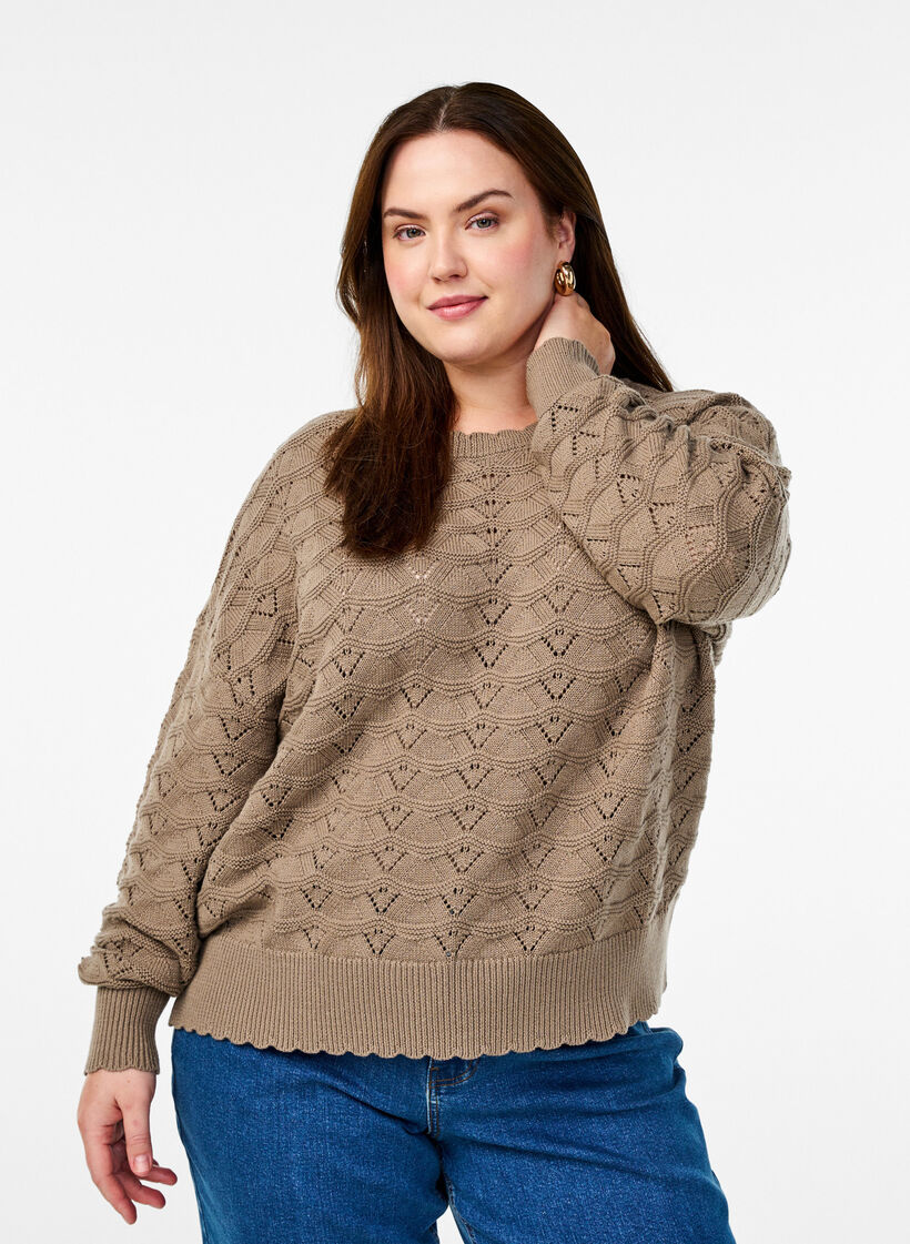 Strickbluse mit Lochmuster und langen Ärmeln, Desert Taupe, Model image number 0