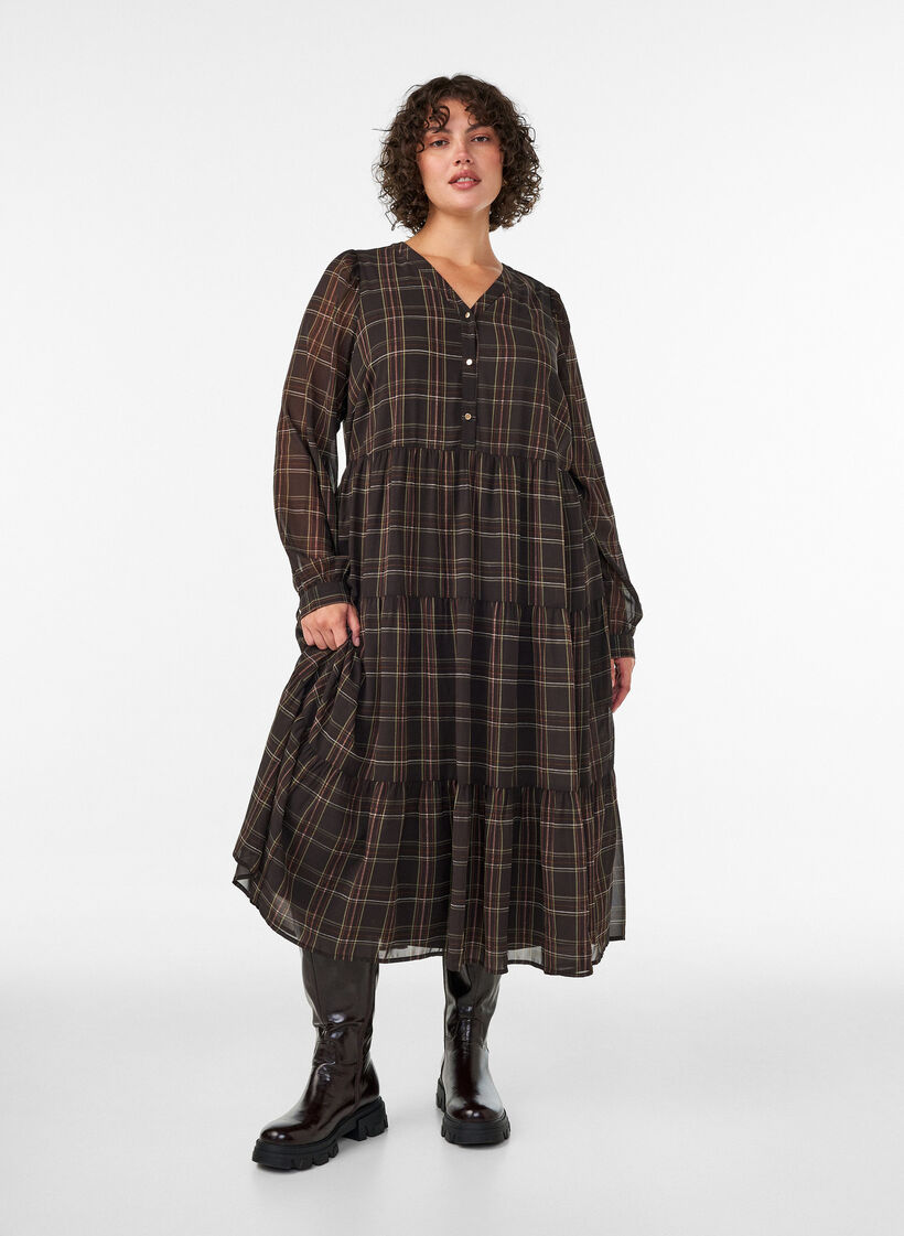 Robe midi &agrave; carreaux avec une jupe &agrave; volants, Marron, Model image number 0