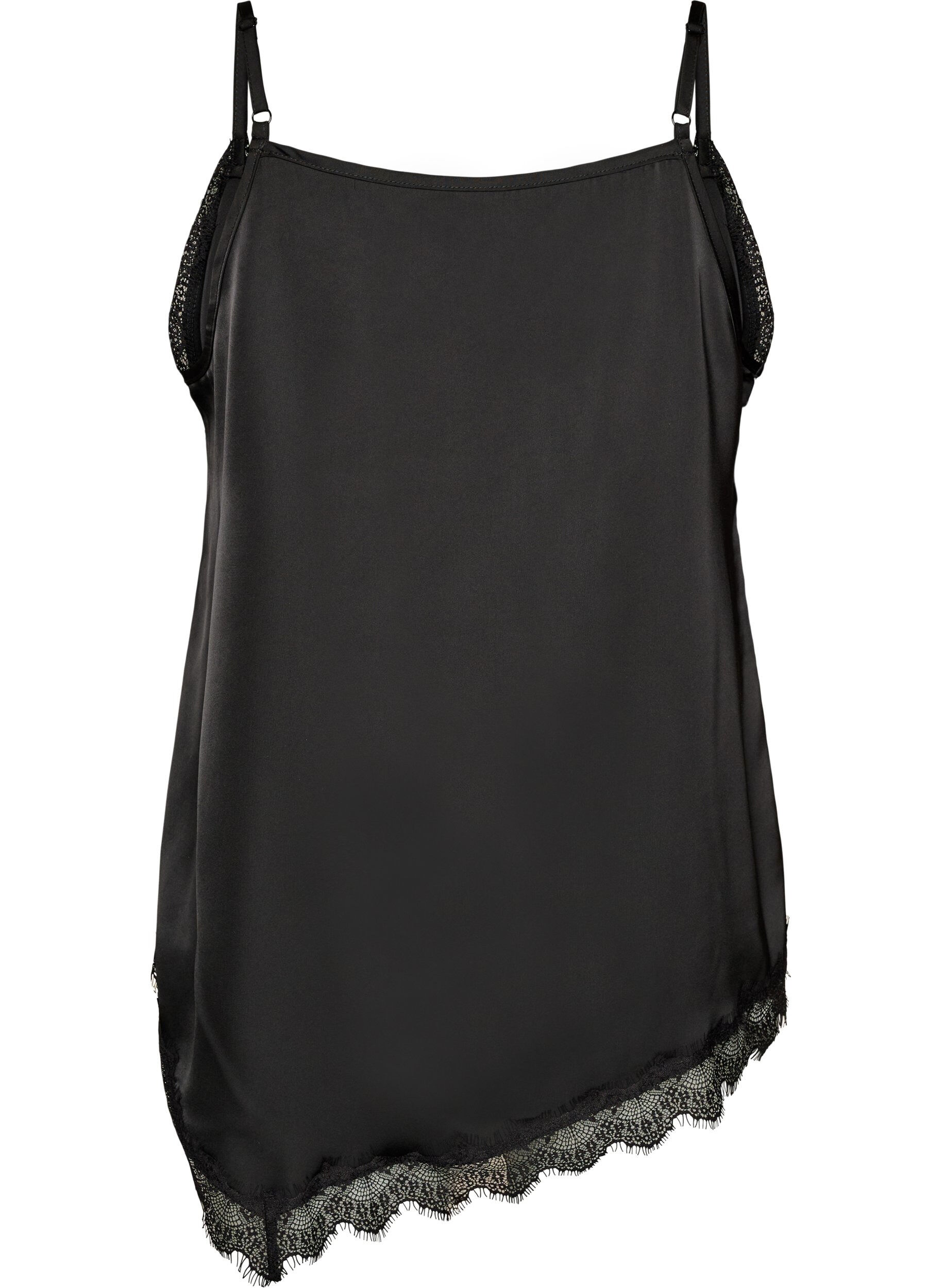 Zizzi Top aus Satin mit Spitzen und asymmetrischem Saum, Schwarz, Packshot image number 1