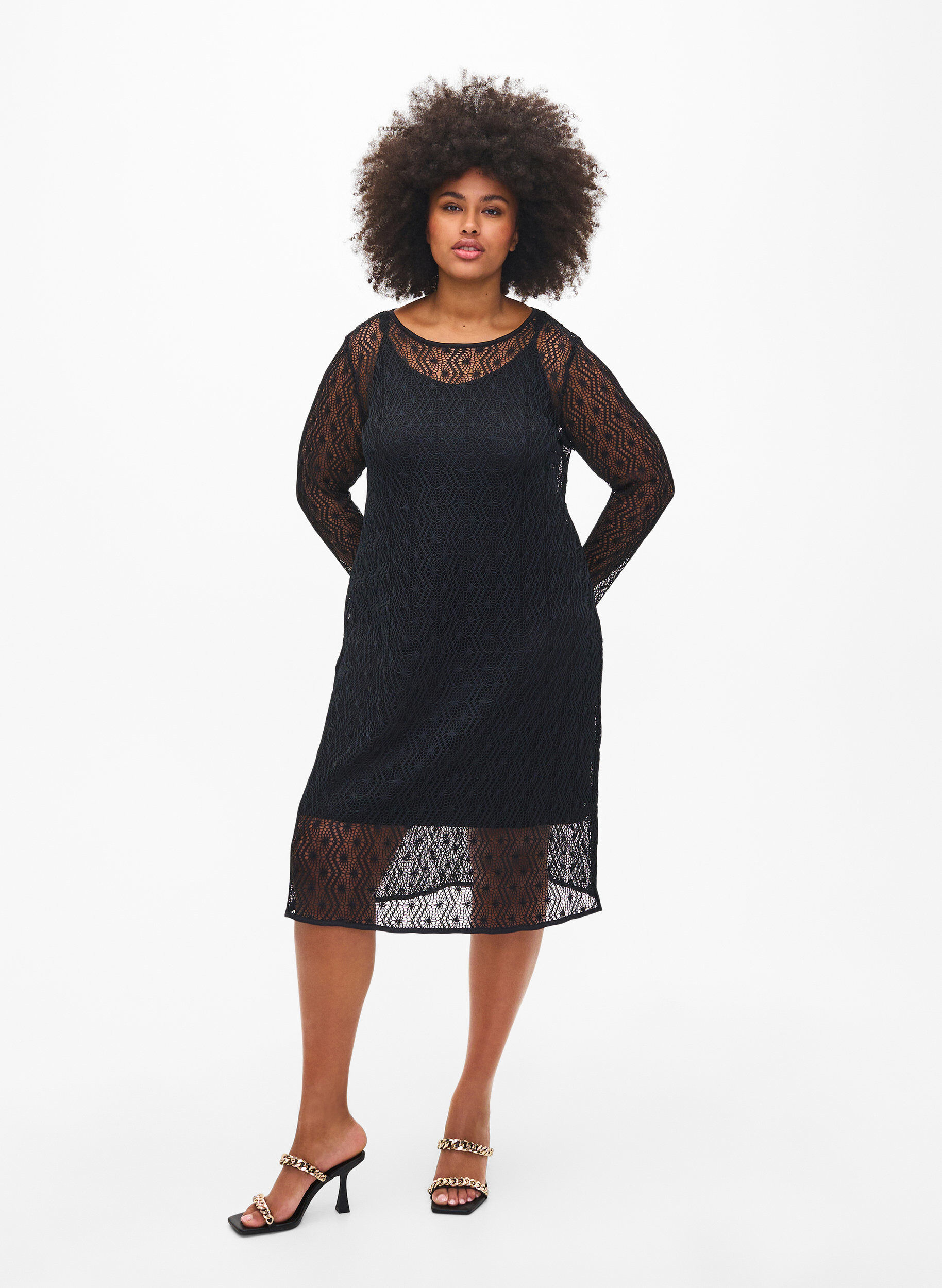 Zizzi H&auml;kelkleid mit langen &Auml;rmeln, Black, Model image number 0