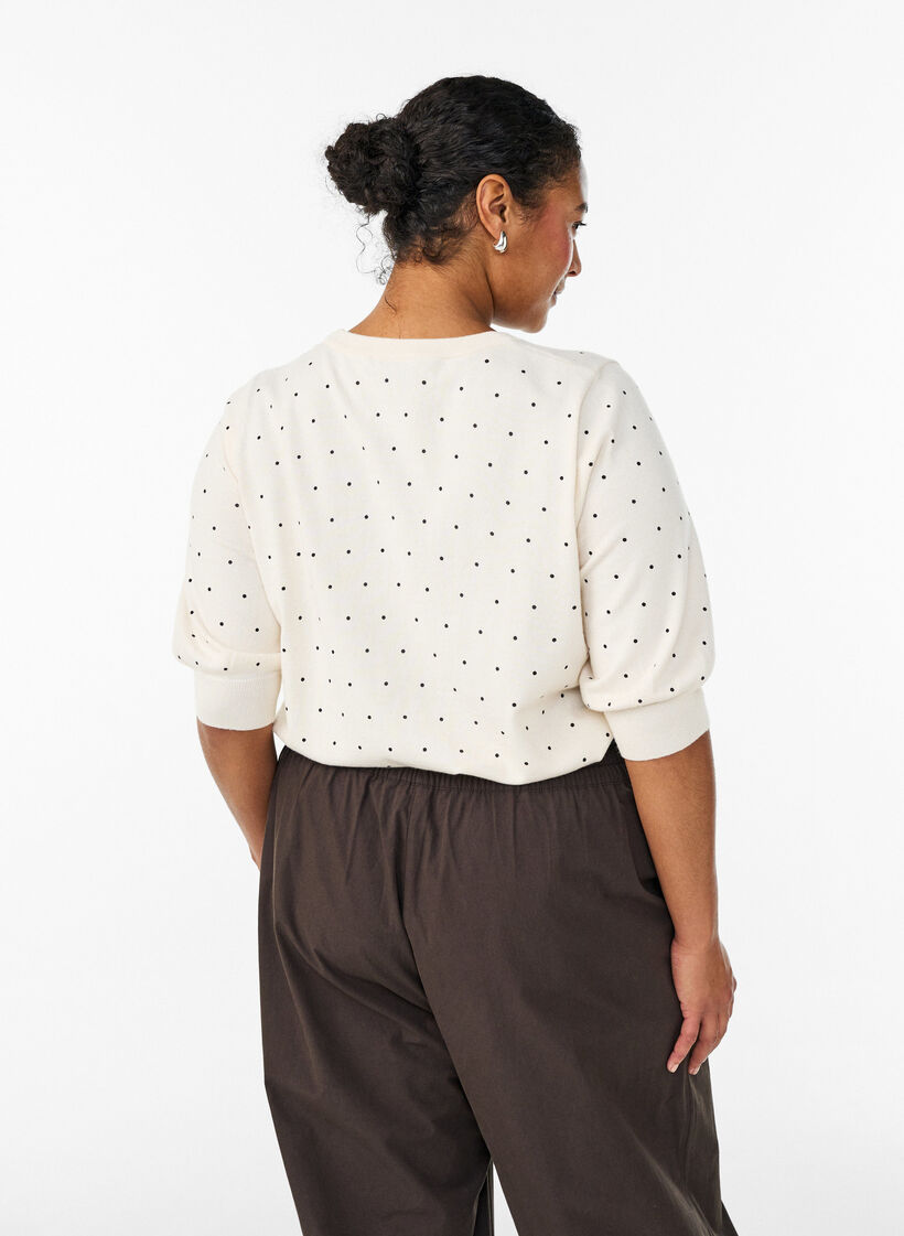 Top en maille &agrave; pois et manches courtes, Blanc, Model image number 1